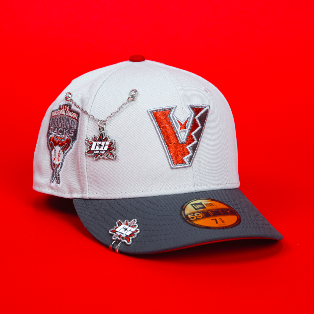 NEW ERA EXCLUSIVE 59FIFTY SMOKE GREY UPSIDE DOWN ARIZONA DIAMONDBACKS W/ 1998 INAUGURAL SEASON SIDE PATCH