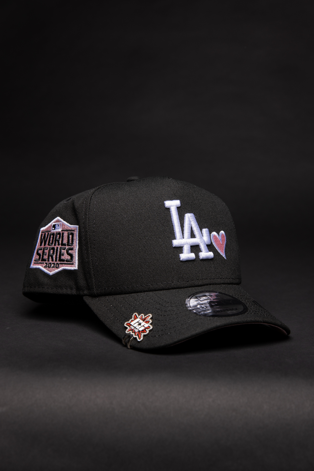 NEW ERA 9FIFTY A-FRAME BLACK LOS ANGELES DODGERS SNAPBACK W/ PINK HEART + 2020 WORLD SERIES SIDE PATCH