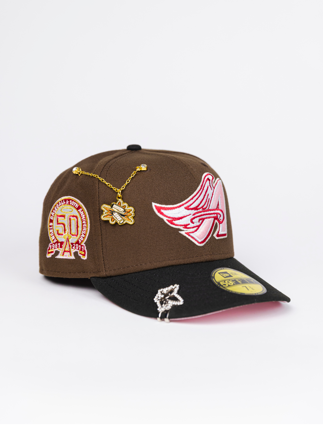 NEW ERA EXCLUSIVE 59FIFTY BROWN/ BLACK ANAHEIM ANGELS W/ 50TH ANNIVERSARY SIDE PATCH