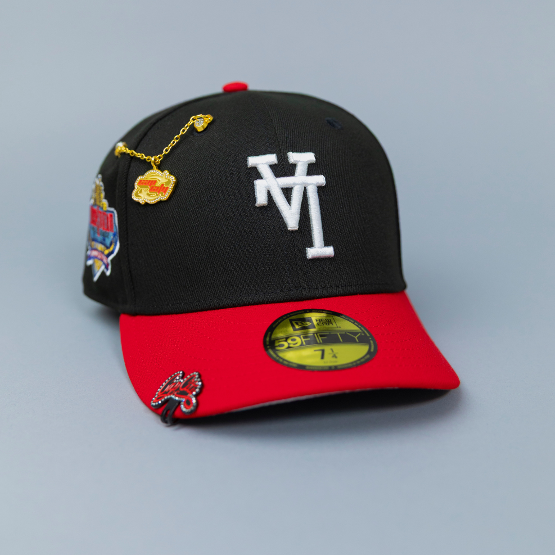 NEW ERA EXCLUSIVE 59FIFTY BLACK/ RED UPSIDE DOWN LOS ANGELES DODGERS W/ 40TH ANNIVERSARY SIDE PATCH
