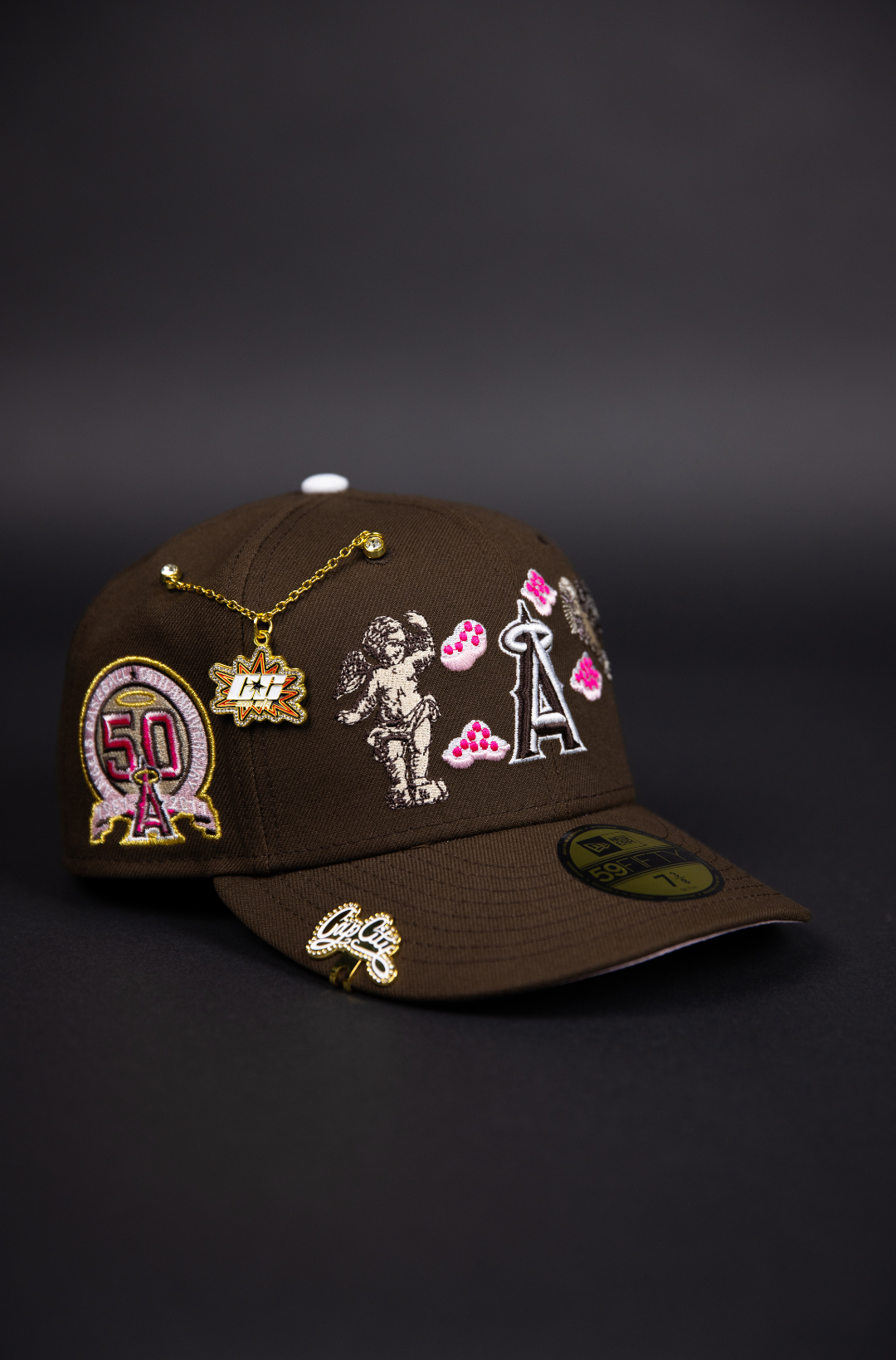 NEW ERA EXCLUSIVE 59FIFTY BROWN ANAHEIM ANGELS "HEAVENLY CITY" W/ 50TH ANNIVERSARY SIDE PATCH