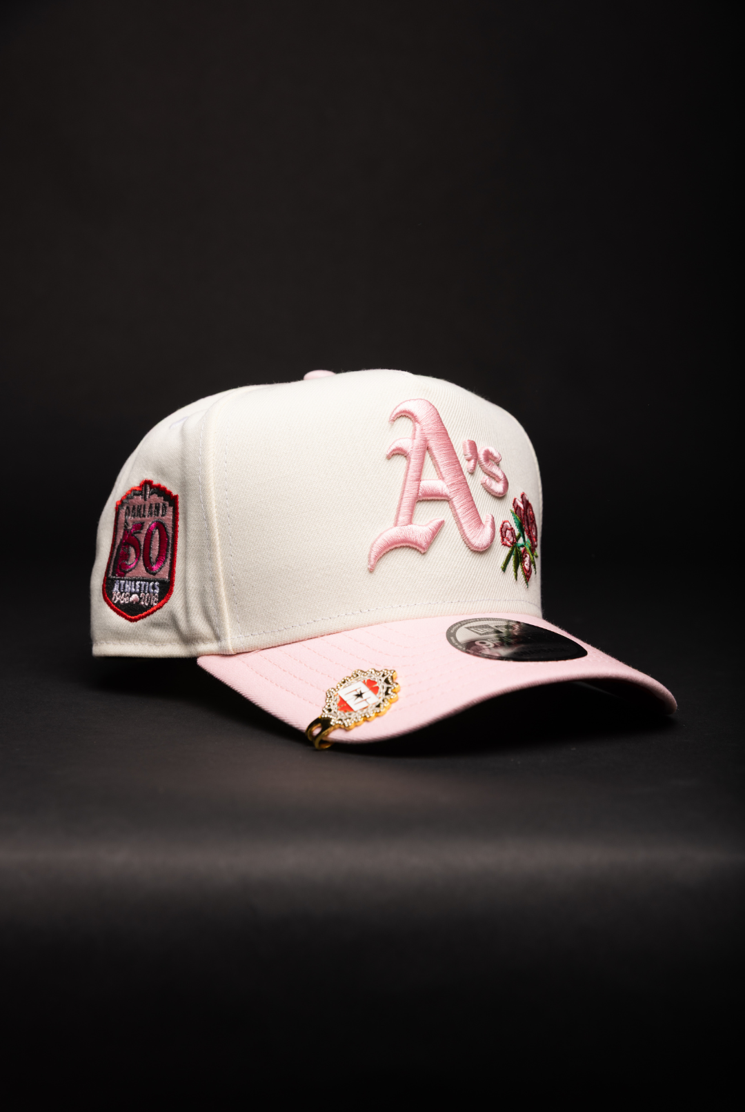 NEW ERA 9FIFTY A-FRAME CHROME/PINK OAKLAND ATHLETICS W/ ROSES + 50TH ANNIVERSARY SIDE PATCH