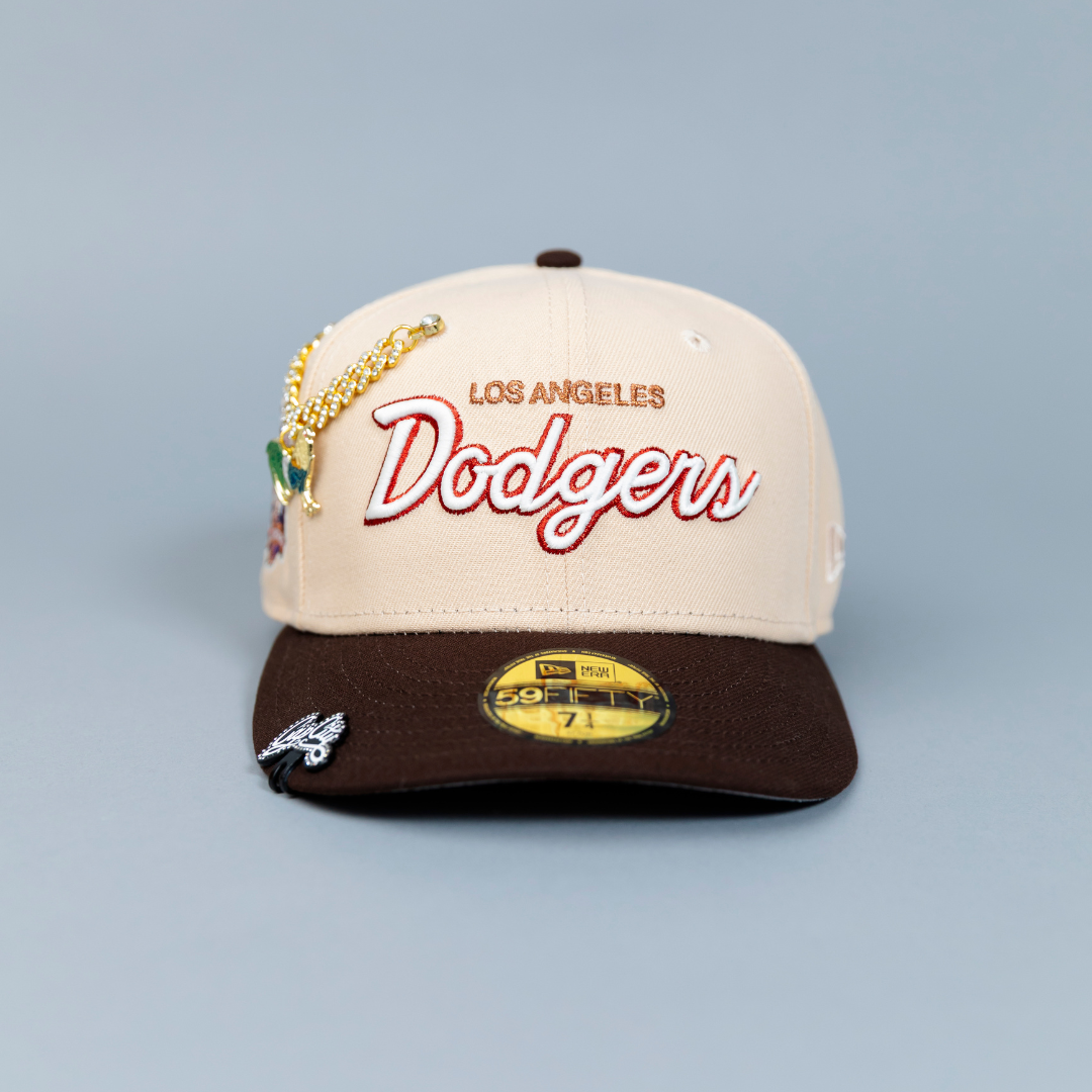 NEW ERA EXCLUSIVE 59FIFTY SOFT BLUSH/BROWN LOS ANGELES DODGERS SCRIPT W/ 40TH ANNIVERSARY SIDE PATCH