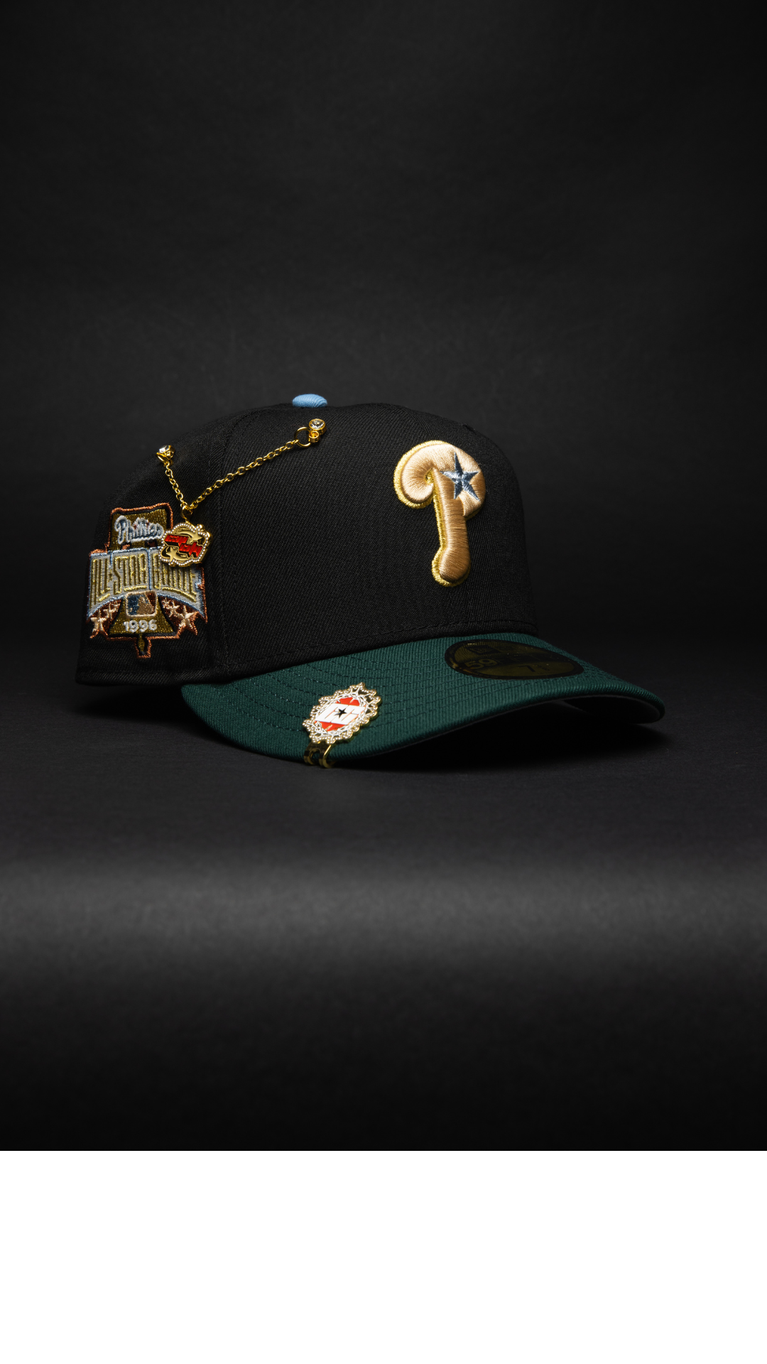 NEW ERA EXCLUSIVE 59FIFTY BLACK/FOREST GREEN PHILADELPHIA PHILLIES W/ 1996 ALL STAR GAME SIDE PATCH