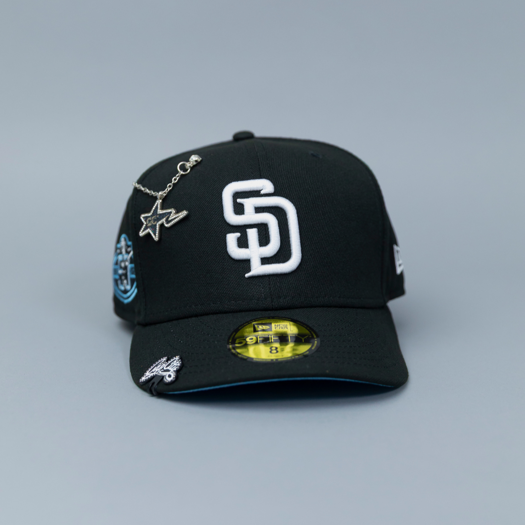 NEW ERA EXCLUSIVE 59FIFTY BLACK SAN DIEGO PADRES W/ 50TH ANNIVERSARY SIDE PATCH