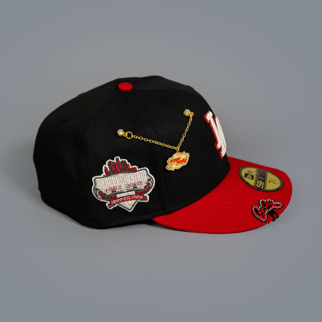 NEW ERA EXCLUSIVE 59FIFTY BLACK/ RED LOS ANGELES DODGERS W/ DODGER STADIUM SIDE PATCH