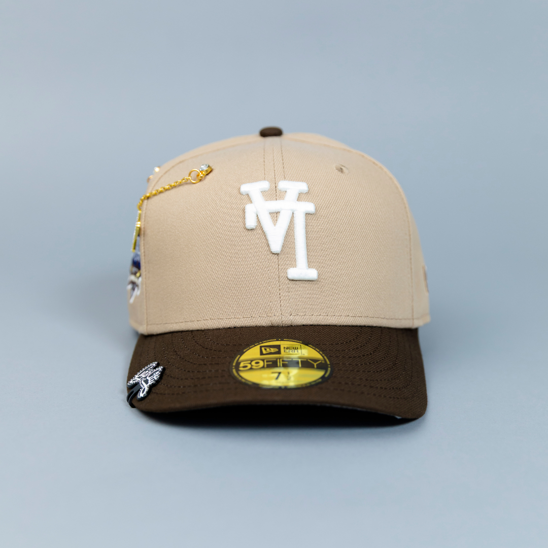 NEW ERA EXCLUSIVE 59FIFTY CAMEL/BROWN UPSIDE DOWN LOS ANGELES DODGERS W/ 40TH ANNIVERSARY SIDE PATCH