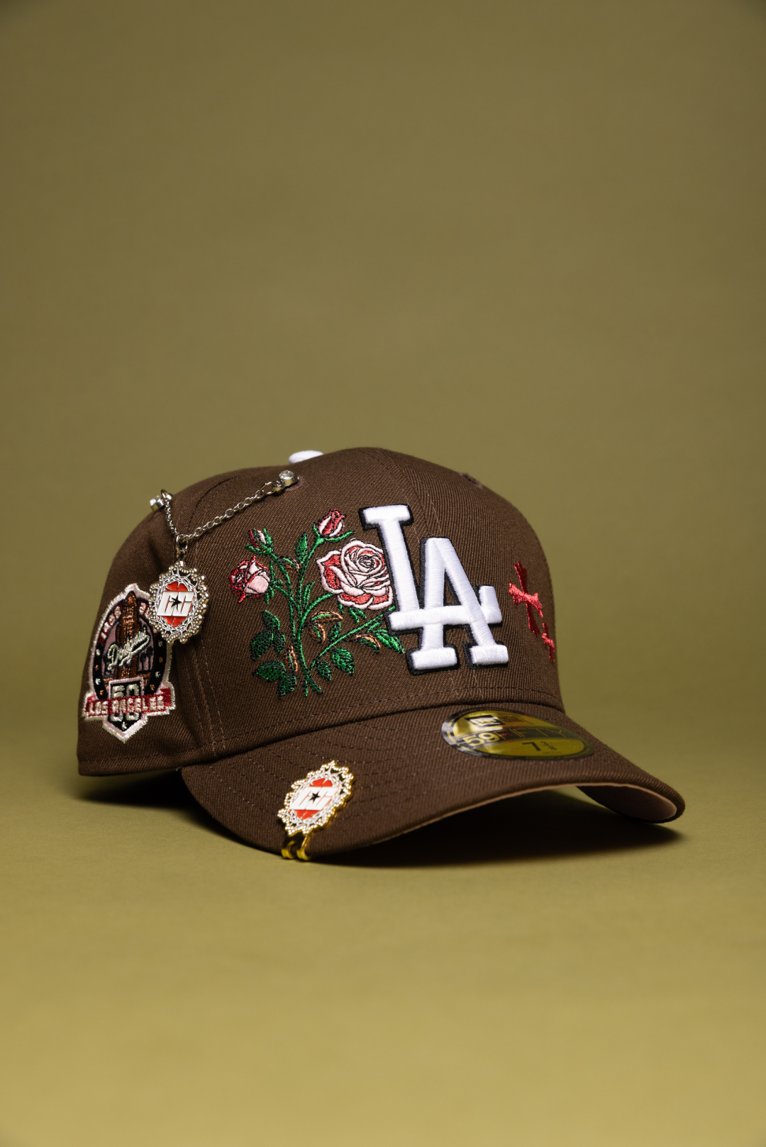 NEW ERA EXCLUSIVE 59FIFTY BROWN LOS ANGELES DODGERS W/ BLOOMING ROSE + 60TH ANNIVERSARY SIDE PATCH