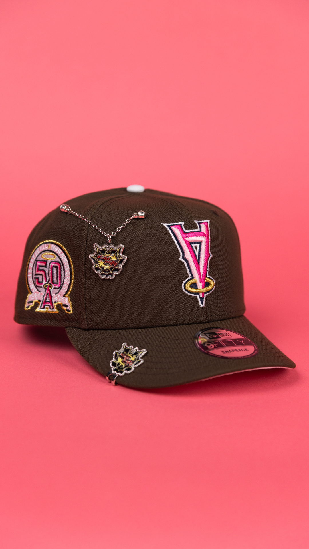 NEW ERA EXCLUSIVE 9FIFTY BROWN UPSIDE DOWN ANAHEIM ANGELS SNAPBACK W/ 50TH ANNIVERSARY SIDE PATCH