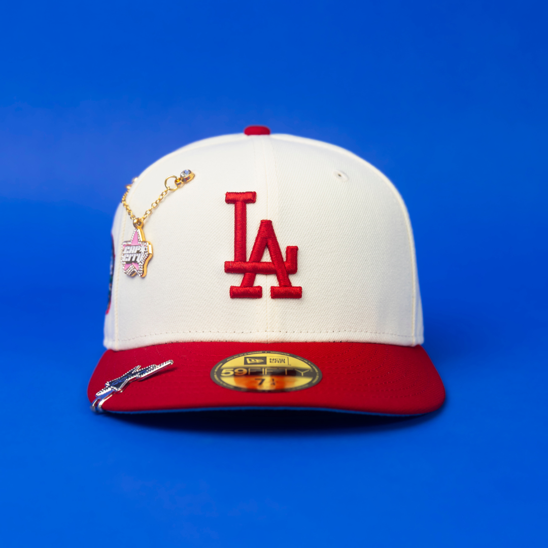 NEW ERA EXCLUSIVE 59FIFTY CHROME/ RED LOS ANGELES DODGERS W/ 50TH ANNIVERSARY SIDE PATCH