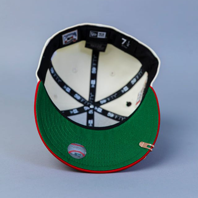 NEW ERA EXCLUSIVE 59FIFTY CHROME/ RED CLEVELAND INDIANS SCRIPT W/ "JACOBS FIELD" SIDE PATCH