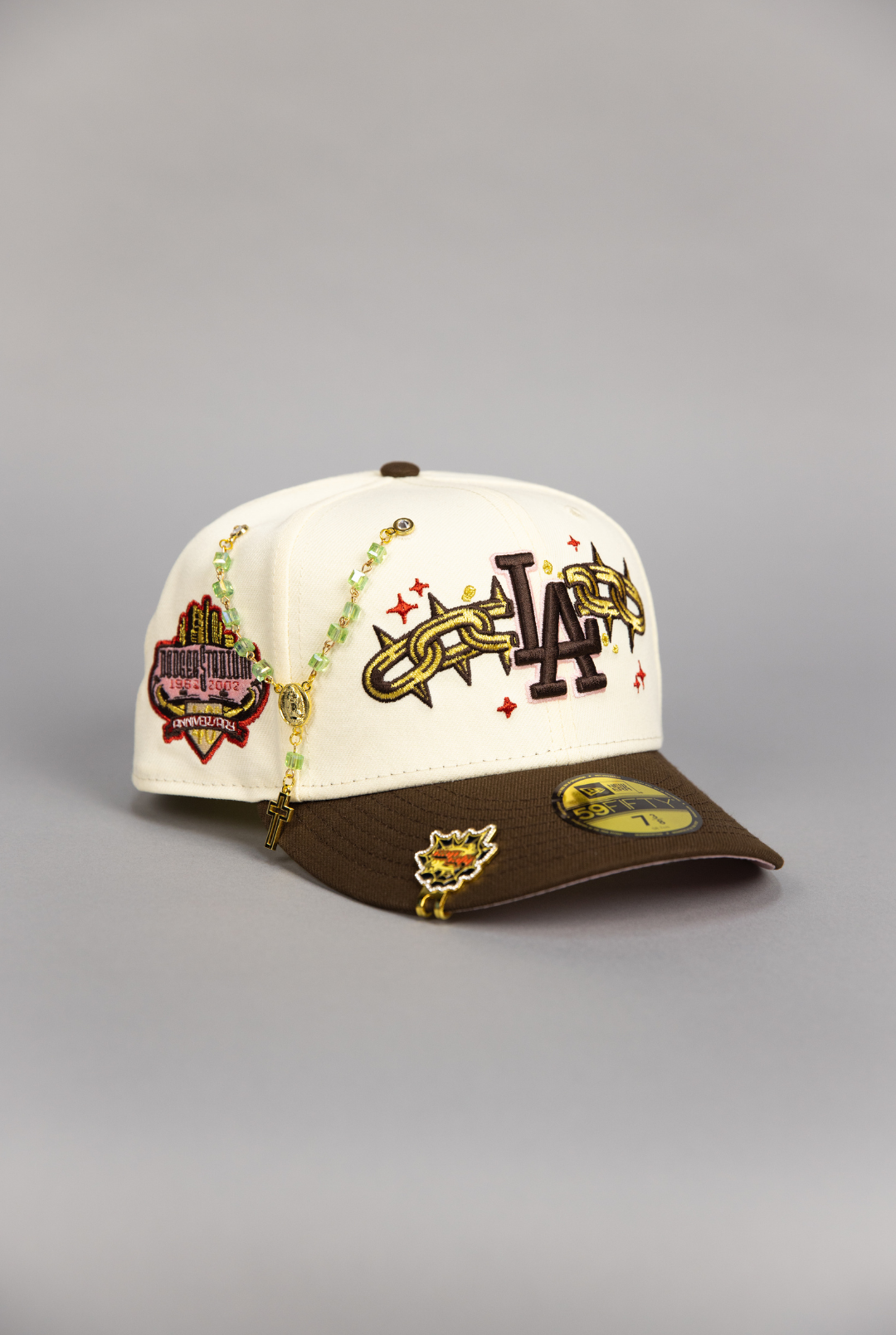 NEW ERA EXCLUSIVE 59FIFTY CHROME/ BROWN LOS ANGELES DODGERS W/ EMBROIDERY + 40TH ANNIVERSARY SIDE PATCH