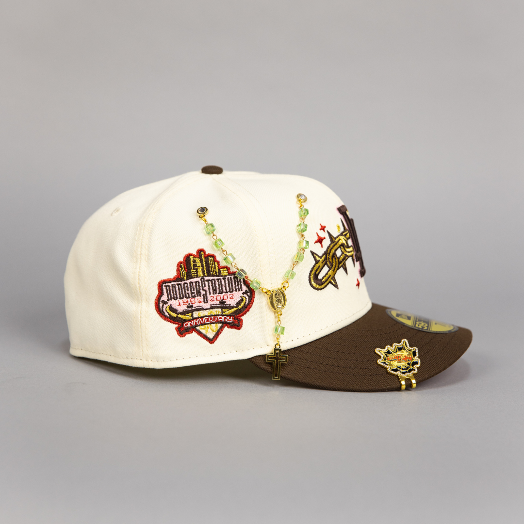 NEW ERA EXCLUSIVE 59FIFTY CHROME/ BROWN LOS ANGELES DODGERS W/ EMBROIDERY + 40TH ANNIVERSARY SIDE PATCH