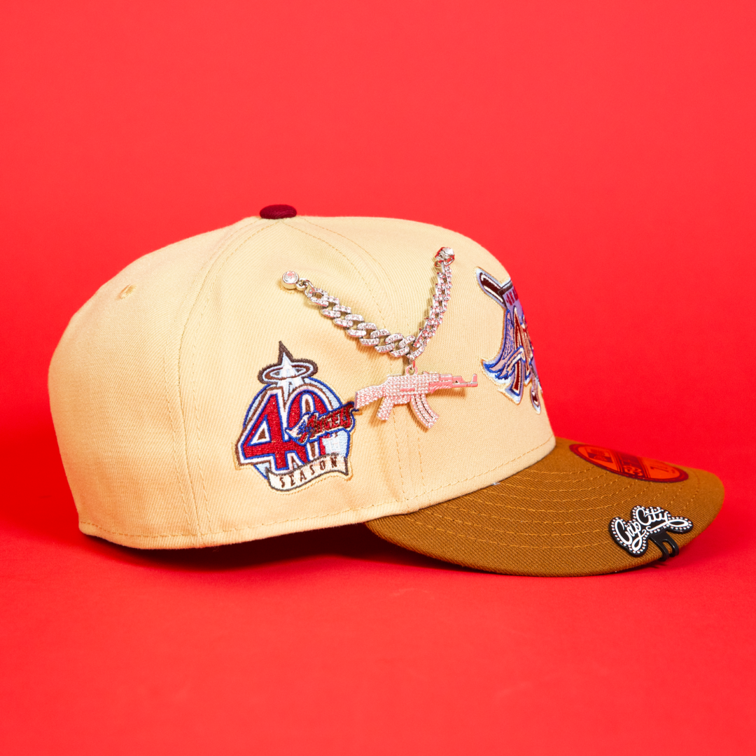 NEW ERA EXCLUSIVE 59FIFTY VEGAS GOLD/ KHAKI ANAHEIM ANGELS W/ 40TH ANNIVERSARY PATCH