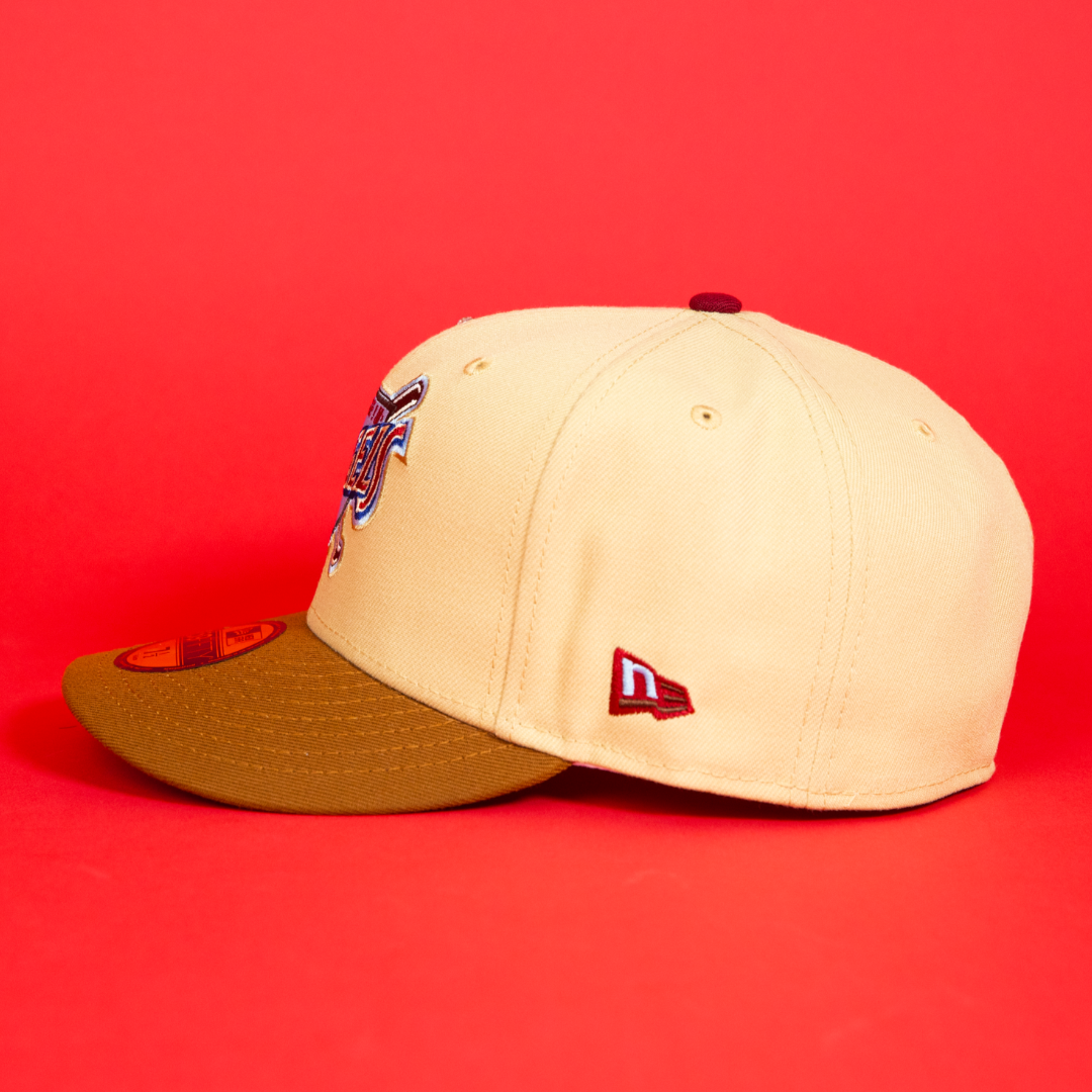 NEW ERA EXCLUSIVE 59FIFTY VEGAS GOLD/ KHAKI ANAHEIM ANGELS W/ 40TH ANNIVERSARY PATCH