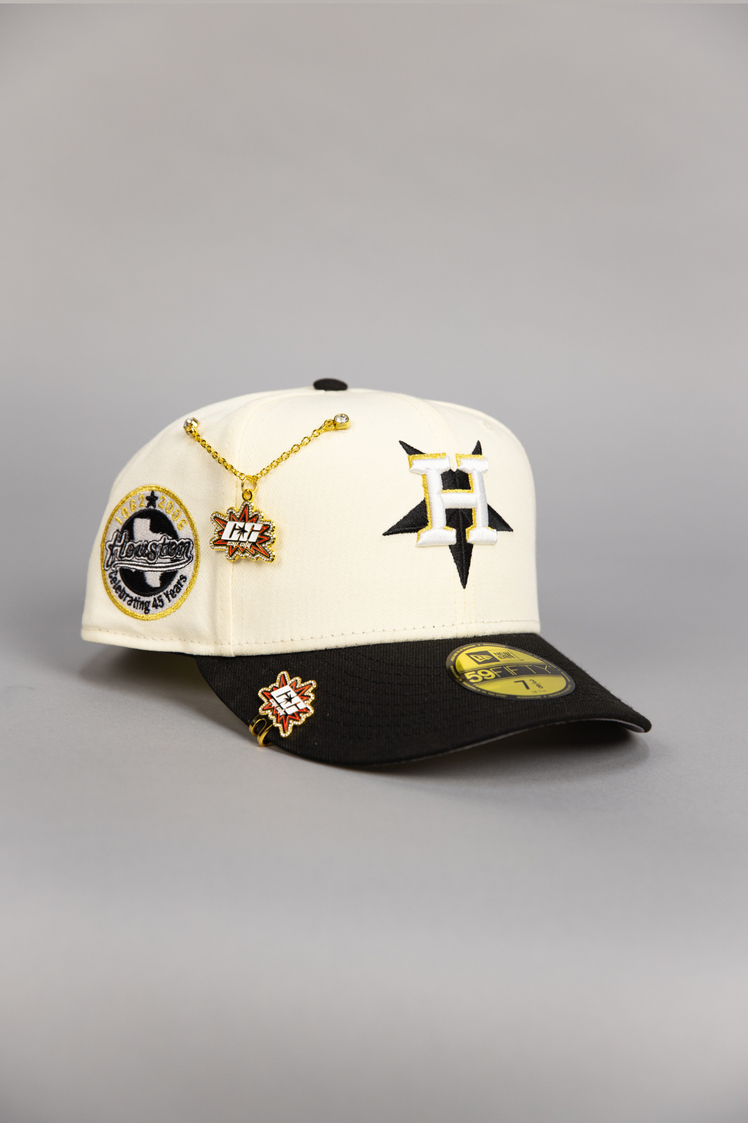 NEW ERA EXCLUSIVE 59FIFTY CHROME/ BLACK UPSIDE DOWN HOUSTON ASTROS W/ "CELEBRATING 45 YEARS" SIDE PATCH