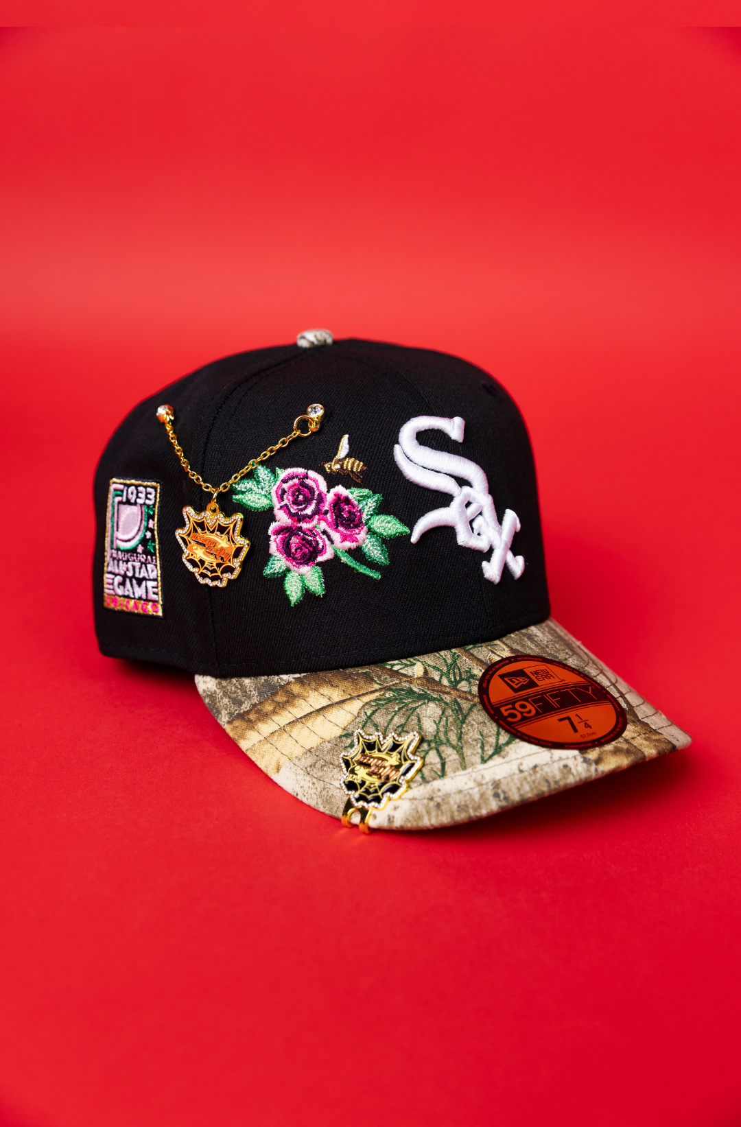 NEW ERA EXCLUSIVE 59FIFTY BLACK/ REALTREE CHICAGO WHITE SOX W/ PINK ROSES + ALL STAR GAME SIDE PATCH