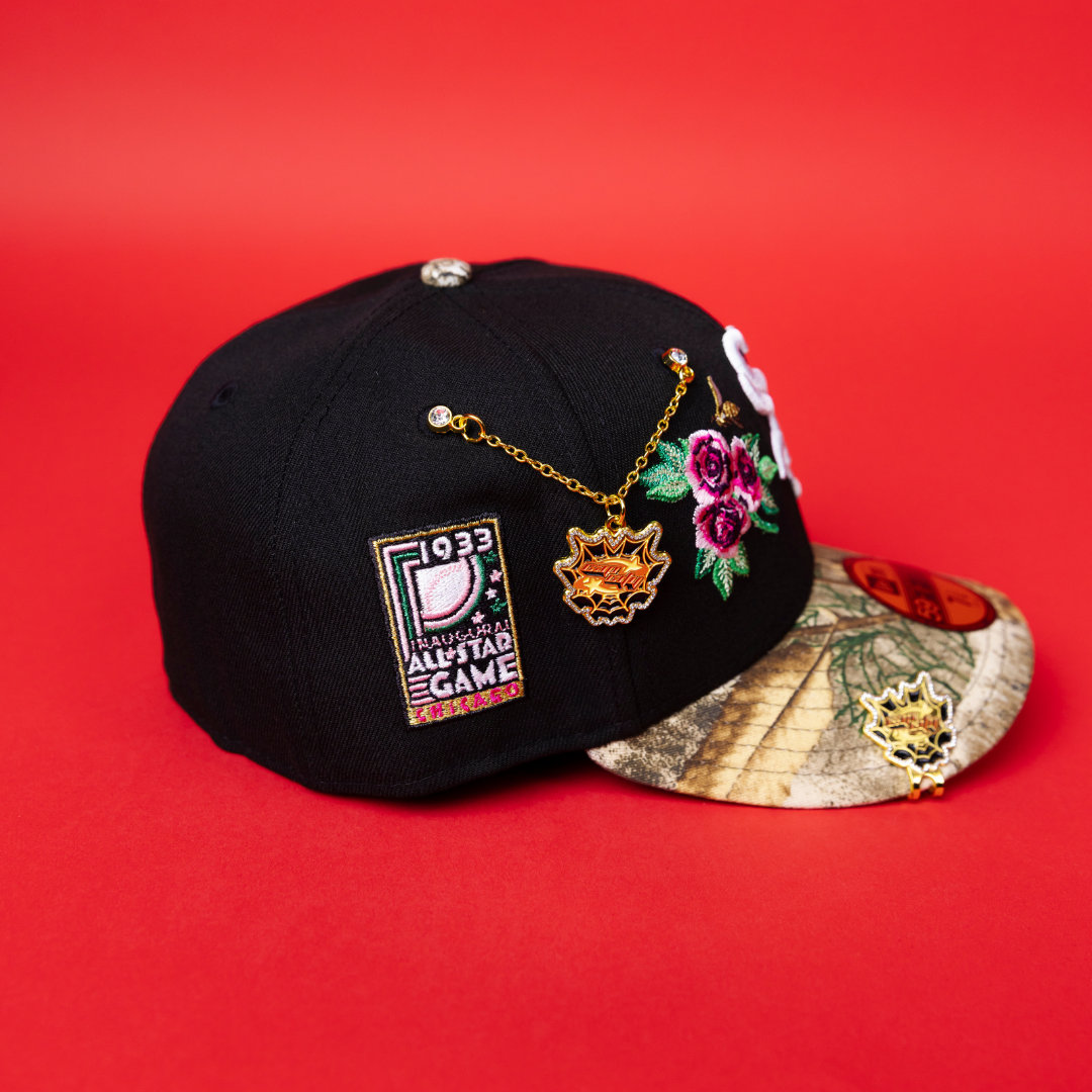 NEW ERA EXCLUSIVE 59FIFTY BLACK/ REALTREE CHICAGO WHITE SOX W/ PINK ROSES + ALL STAR GAME SIDE PATCH