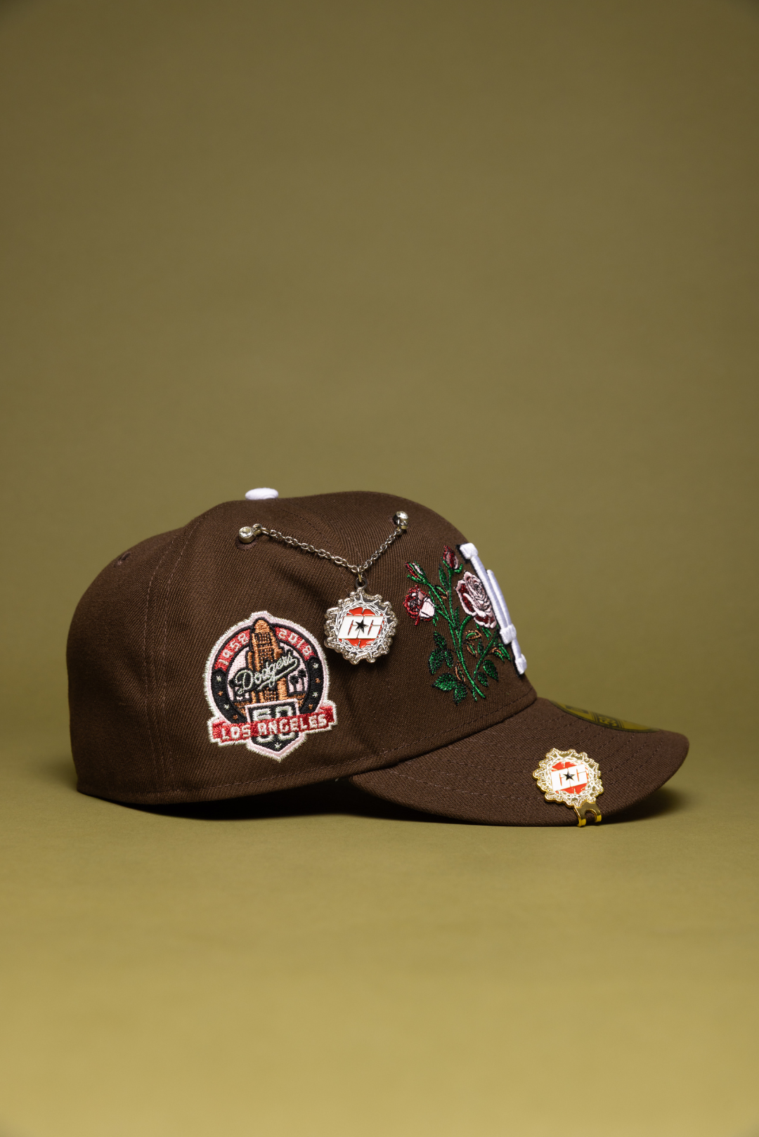 NEW ERA EXCLUSIVE 59FIFTY BROWN LOS ANGELES DODGERS W/ BLOOMING ROSE + 60TH ANNIVERSARY SIDE PATCH