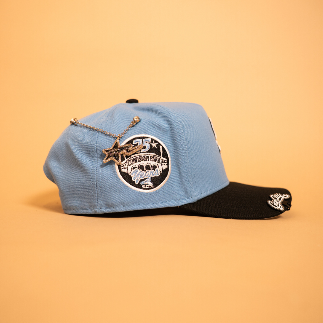 NEW ERA EXCLUSIVE 9FIFTY A-FRAME ICY BLUE/BLACK CHICAGO WHITE SOX W/ 75TH ANNIVERSARY SIDE PATCH