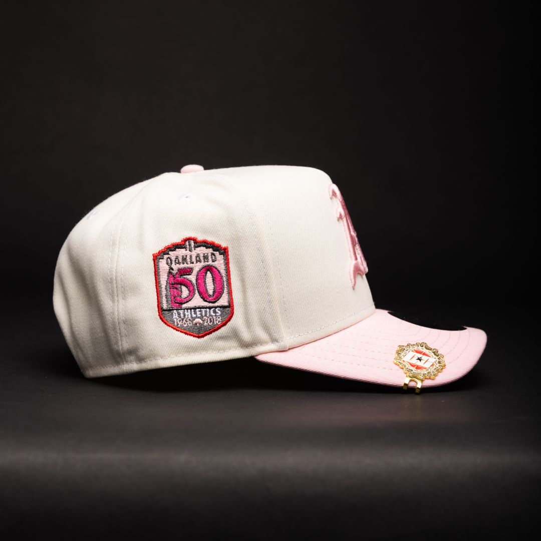 NEW ERA 9FIFTY A-FRAME CHROME/PINK OAKLAND ATHLETICS W/ ROSES + 50TH ANNIVERSARY SIDE PATCH