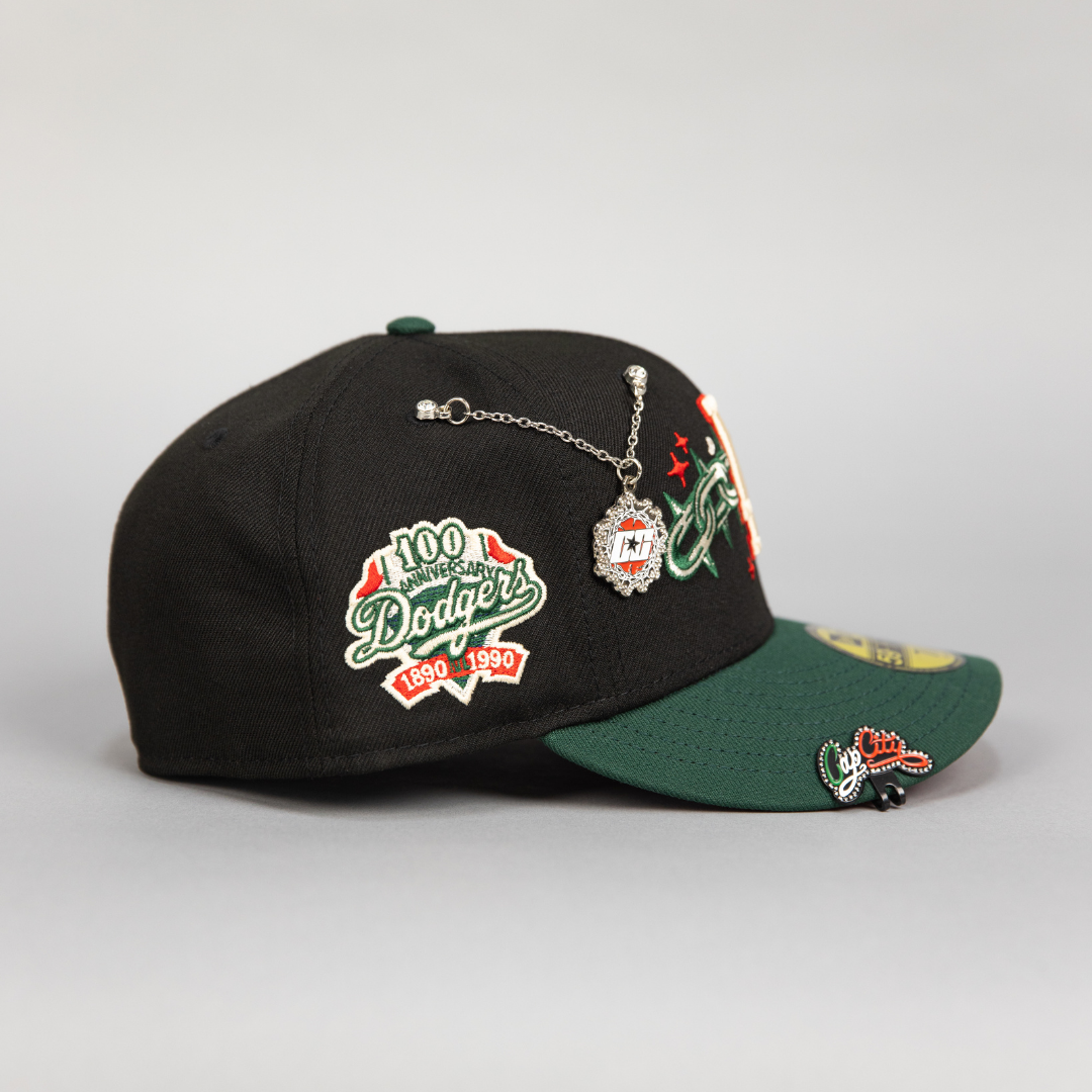 NEW ERA EXCLUSIVE 59FIFTY BLACK/ FOREST GREEN LOS ANGELES DODGERS W/ EMBROIDERY + 100TH ANNIVERSARY SIDE PATCH