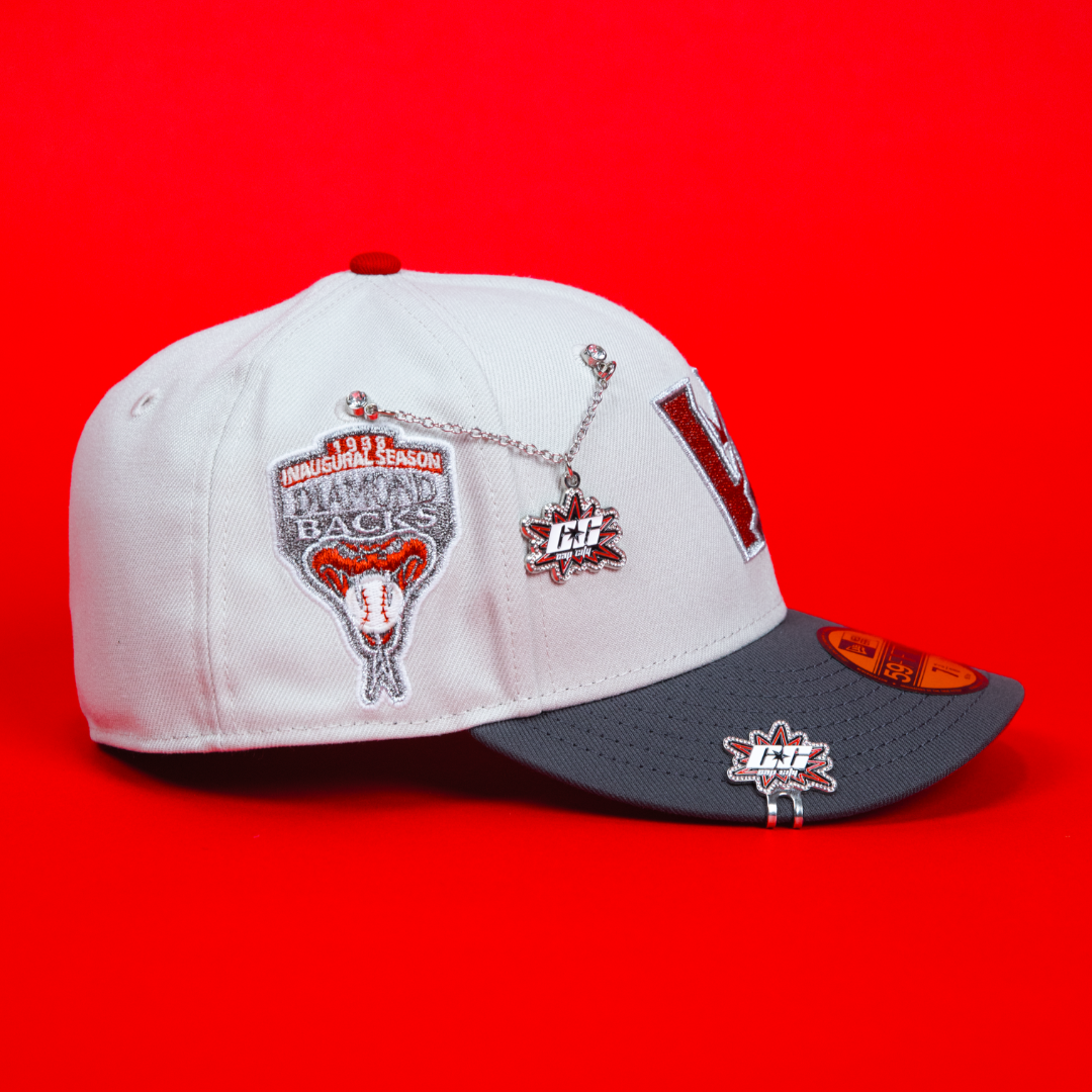NEW ERA EXCLUSIVE 59FIFTY SMOKE GREY UPSIDE DOWN ARIZONA DIAMONDBACKS W/ 1998 INAUGURAL SEASON SIDE PATCH