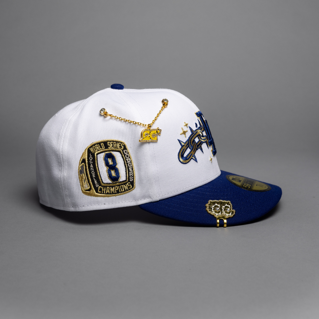 NEW ERA EXCLUSIVE 59FIFTY PEARL WHITE/BLUE LOS ANGELES DODGERS W/ EMBROIDERY + WORLD SERIES CHAMPIONS SIDE PATCH