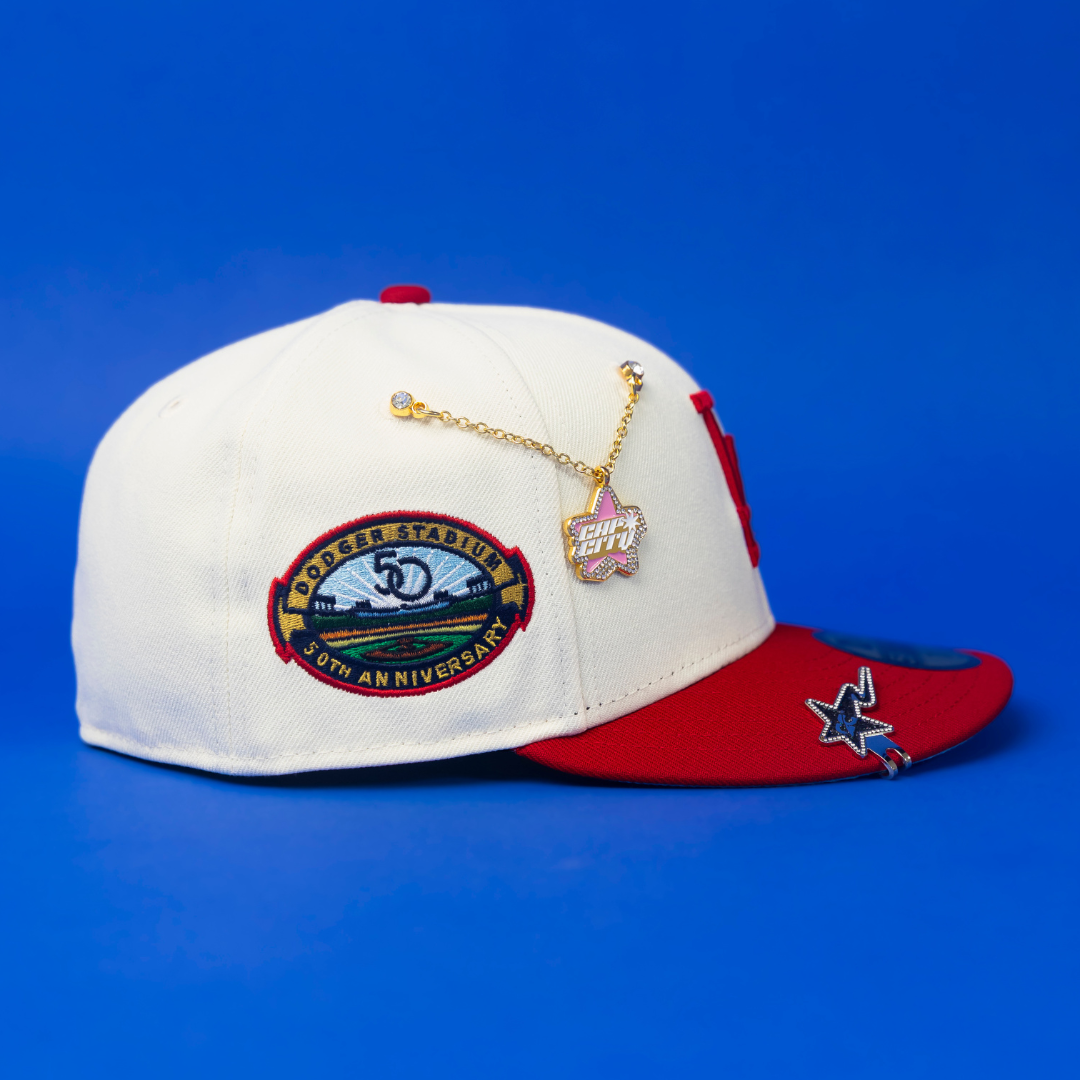 NEW ERA EXCLUSIVE 59FIFTY CHROME/ RED LOS ANGELES DODGERS W/ 50TH ANNIVERSARY SIDE PATCH