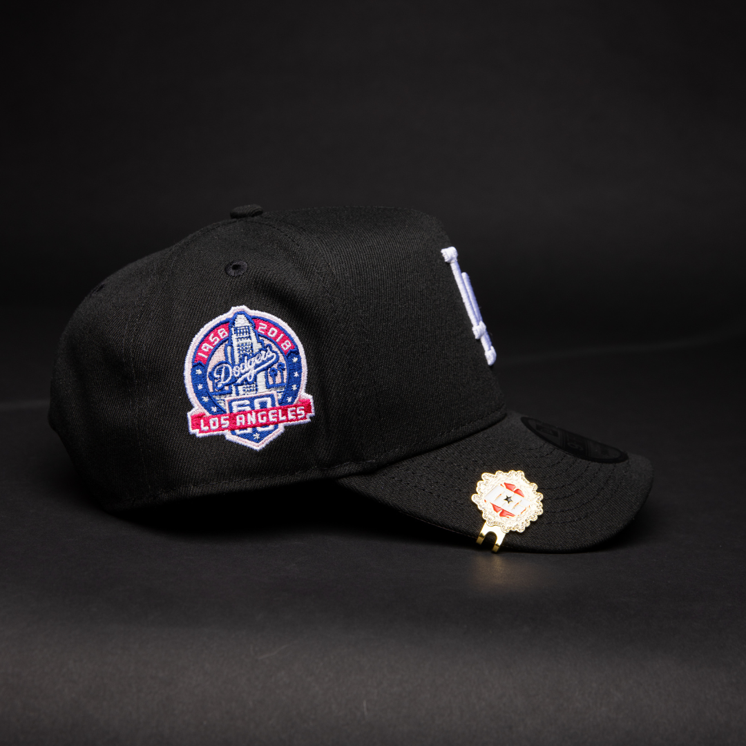 NEW ERA 9FIFTY A-FRAME BLACK LOS ANGELES DODGERS SNAPBACK W/ PINK ROSE + 60TH ANNIVERSARY SIDE PATCH