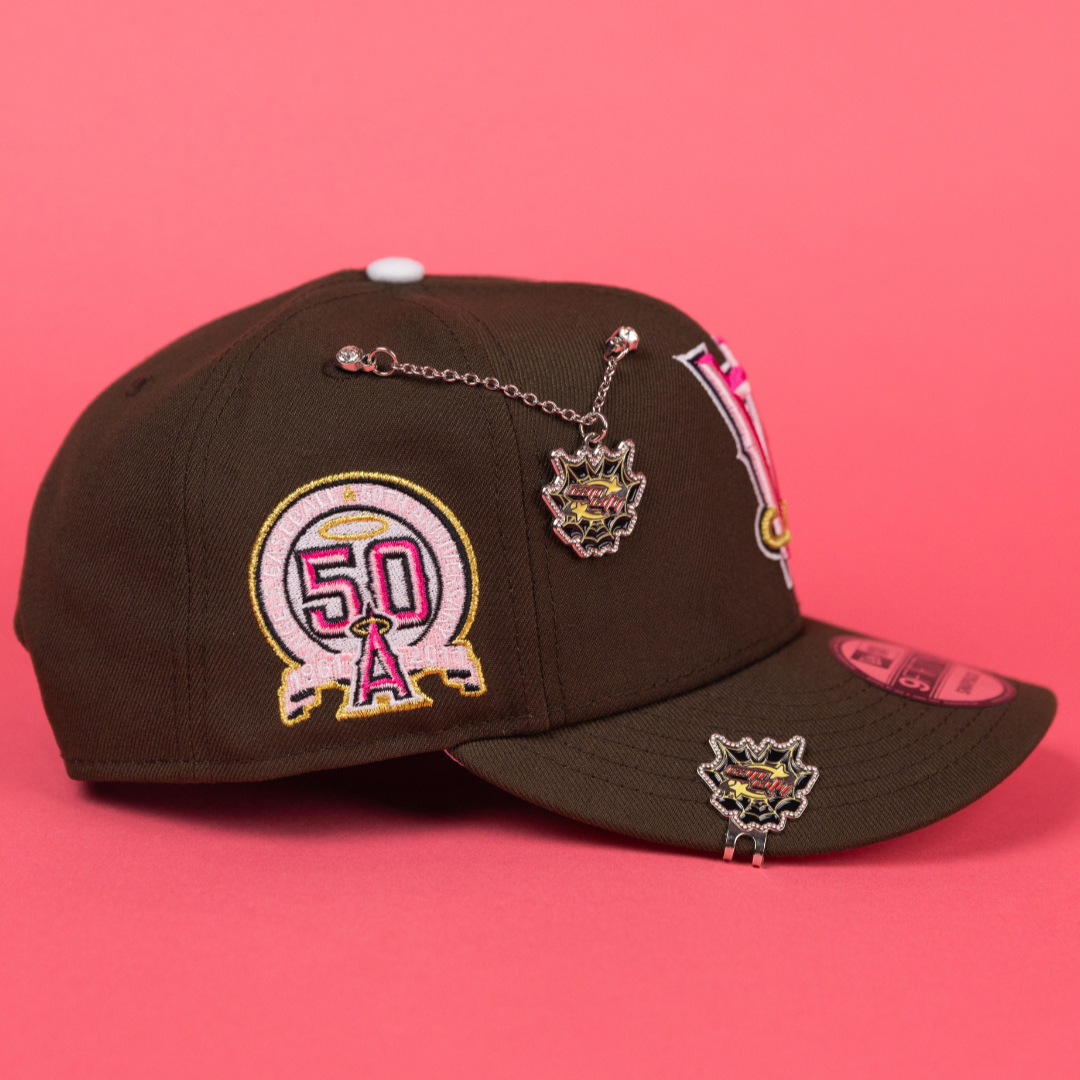 NEW ERA EXCLUSIVE 9FIFTY BROWN UPSIDE DOWN ANAHEIM ANGELS SNAPBACK W/ 50TH ANNIVERSARY SIDE PATCH