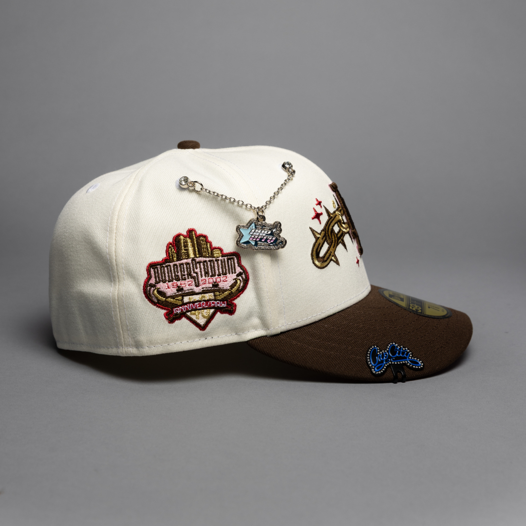 NEW ERA EXCLUSIVE 59FIFTY CHROME/BROWN LOS ANGELES DODGERS W/ EMBROIDERY + 40TH ANNIVERSARY SIDE PATCH