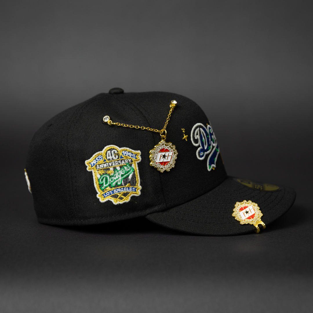 NEW ERA EXCLUSIVE 59FIFTY BLACK LOS ANGELES DODGERS W/ GALAXY SCRIPT + 40TH ANNIVERSARY SIDE PATCH