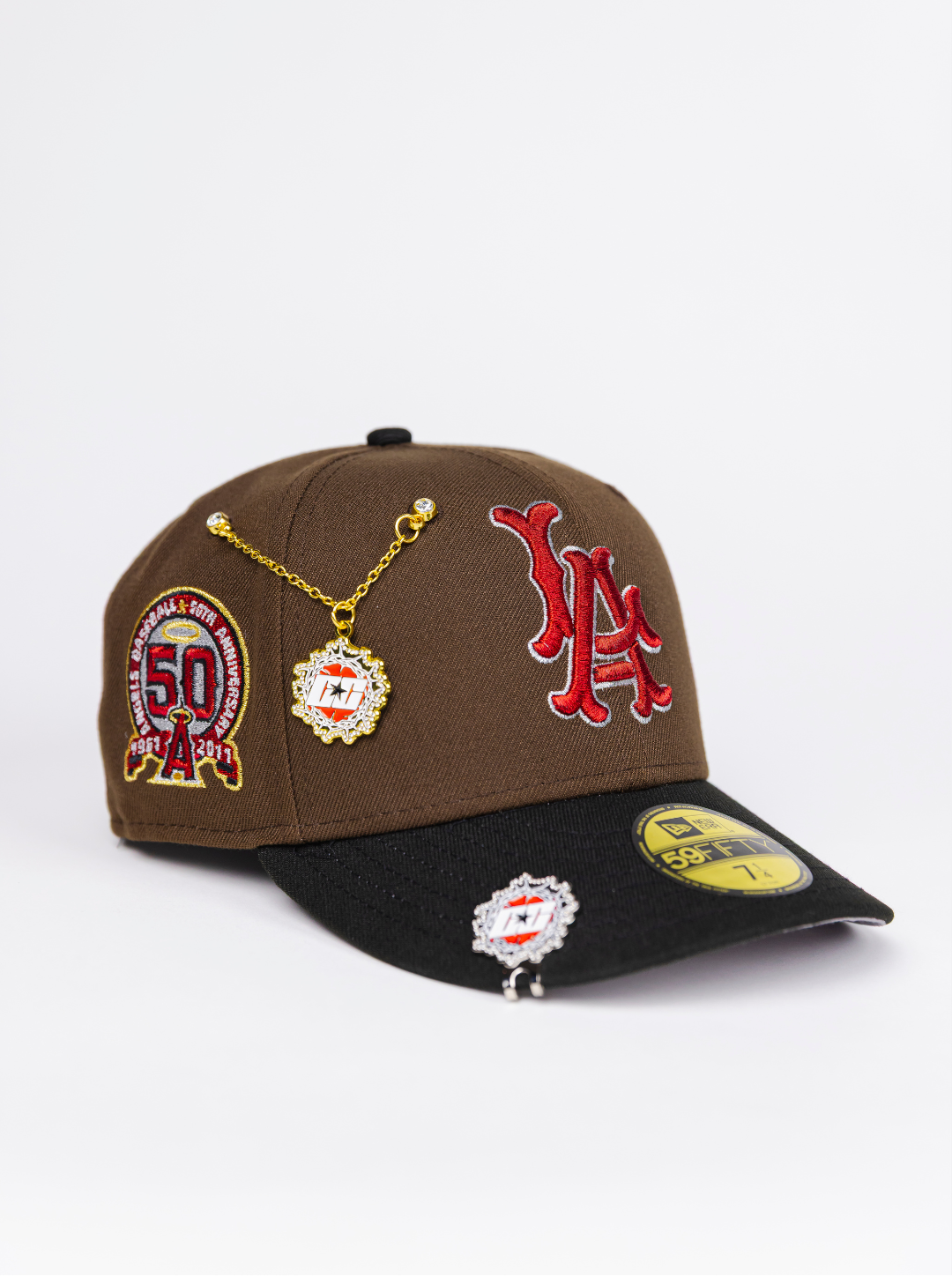 NEW ERA EXCLUSIVE 59FIFTY BROWN/ BLACK LOS ANGELES ANGELS W/ 50TH ANNIVERSARY SIDE PATCH