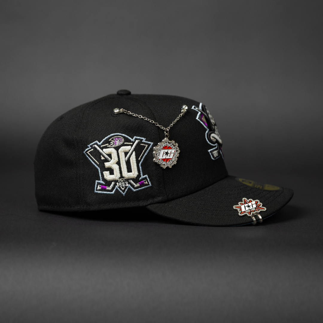 NEW ERA EXCLUSIVE 59FIFTY BLACK ANAHEIM DUCKS W/ 30TH ANNIVERSARY SIDE PATCH