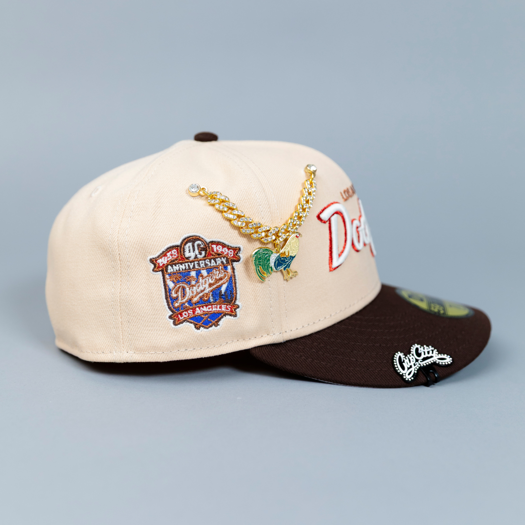 NEW ERA EXCLUSIVE 59FIFTY SOFT BLUSH/BROWN LOS ANGELES DODGERS SCRIPT W/ 40TH ANNIVERSARY SIDE PATCH