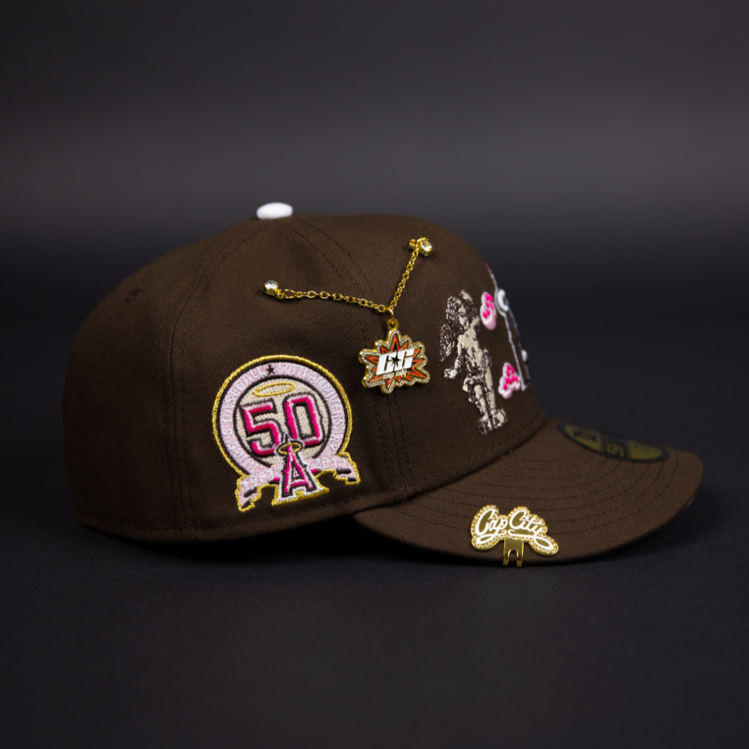 NEW ERA EXCLUSIVE 59FIFTY BROWN ANAHEIM ANGELS "HEAVENLY CITY" W/ 50TH ANNIVERSARY SIDE PATCH