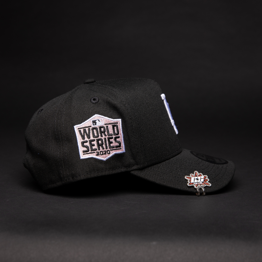 NEW ERA 9FIFTY A-FRAME BLACK LOS ANGELES DODGERS SNAPBACK W/ PINK HEART + 2020 WORLD SERIES SIDE PATCH