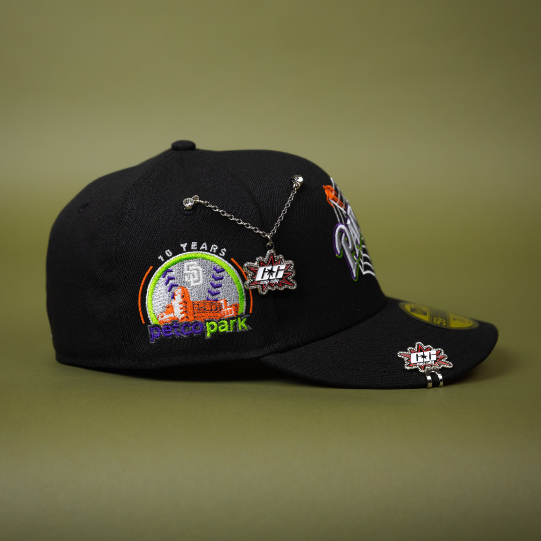 NEW ERA EXCLUSIVE 59FIFTY BLACK SAN DIEGO PADRES W/ SPIDER WEB LOGO + PETCO PARK SIDE PATCH