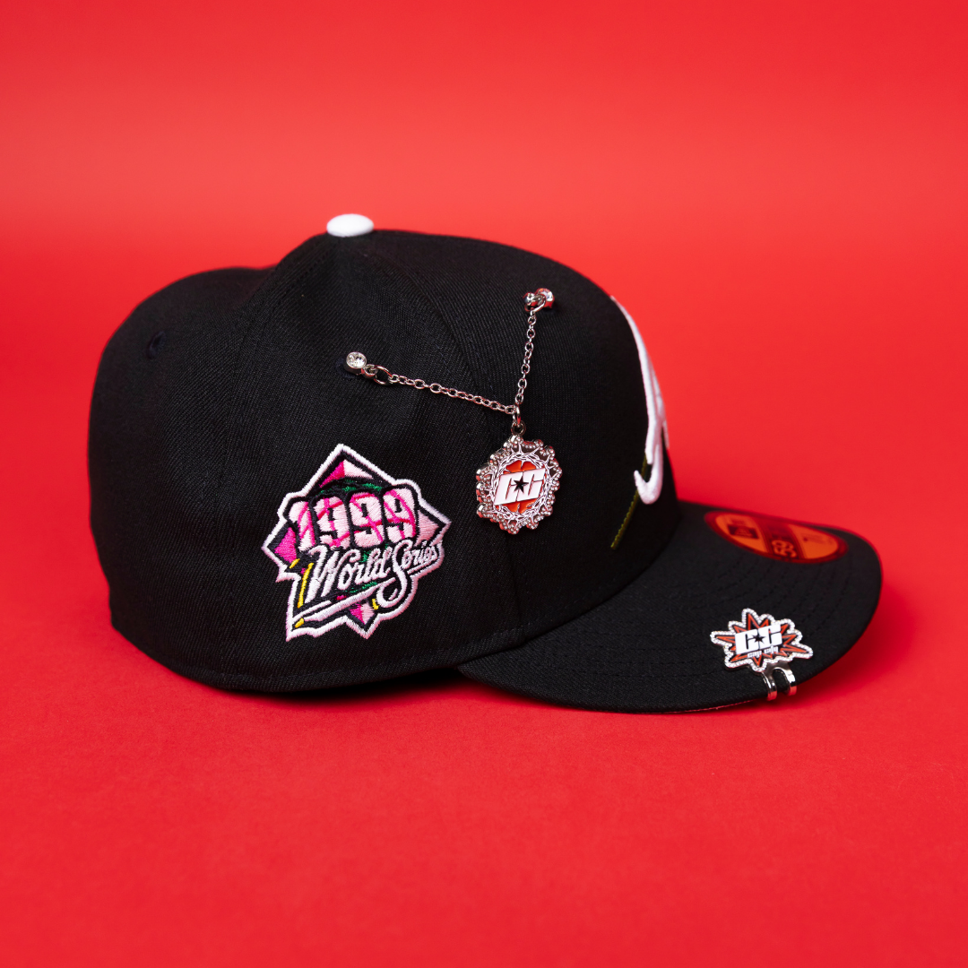 NEW ERA EXCLUSIVE 59FIFTY BLACK ATLANTA BRAVES W/ PINK ROSE + 1999 WORLD SERIES SIDE PATCH