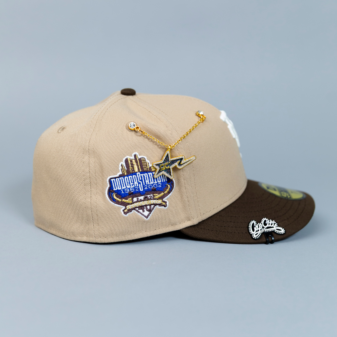 NEW ERA EXCLUSIVE 59FIFTY CAMEL/BROWN UPSIDE DOWN LOS ANGELES DODGERS W/ 40TH ANNIVERSARY SIDE PATCH