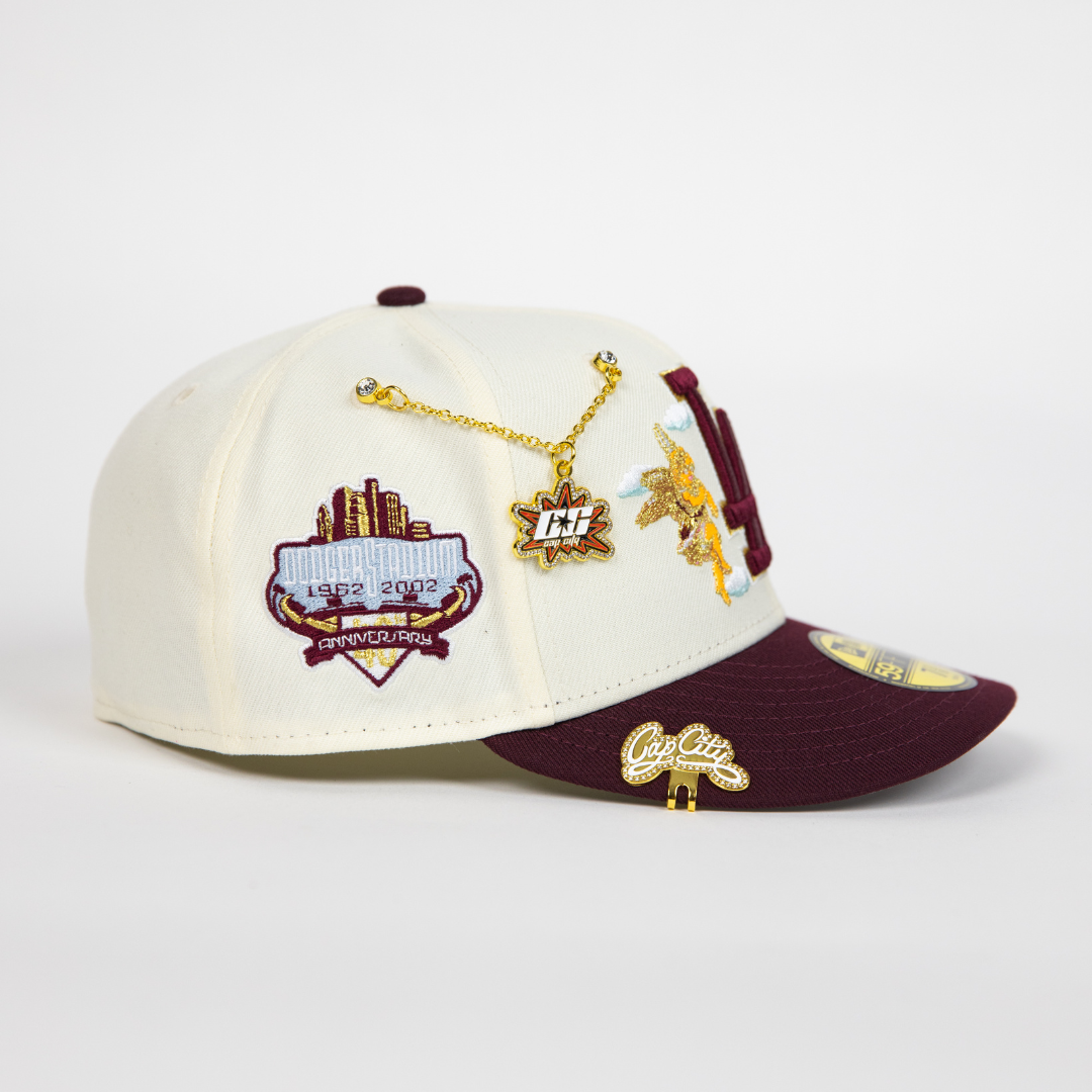 NEW ERA EXCLUSIVE 59FIFTY CHROME/ BURGUNDY LOS ANGELES DODGERS "CITY OF ANGELS" W/ 40TH ANNIVERSARY SIDE PATCH