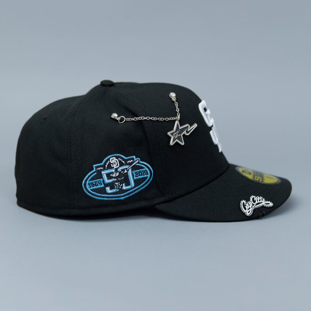 NEW ERA EXCLUSIVE 59FIFTY BLACK SAN DIEGO PADRES W/ 50TH ANNIVERSARY SIDE PATCH