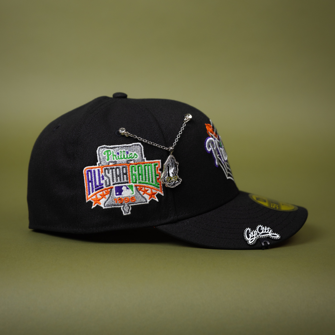 NEW ERA EXCLUSIVE 59FIFTY BLACK PHILADELPHIA PHILLIES W/ SPIDER WEB LOGO + 1996 ALL STAR GAME SIDE PATCH