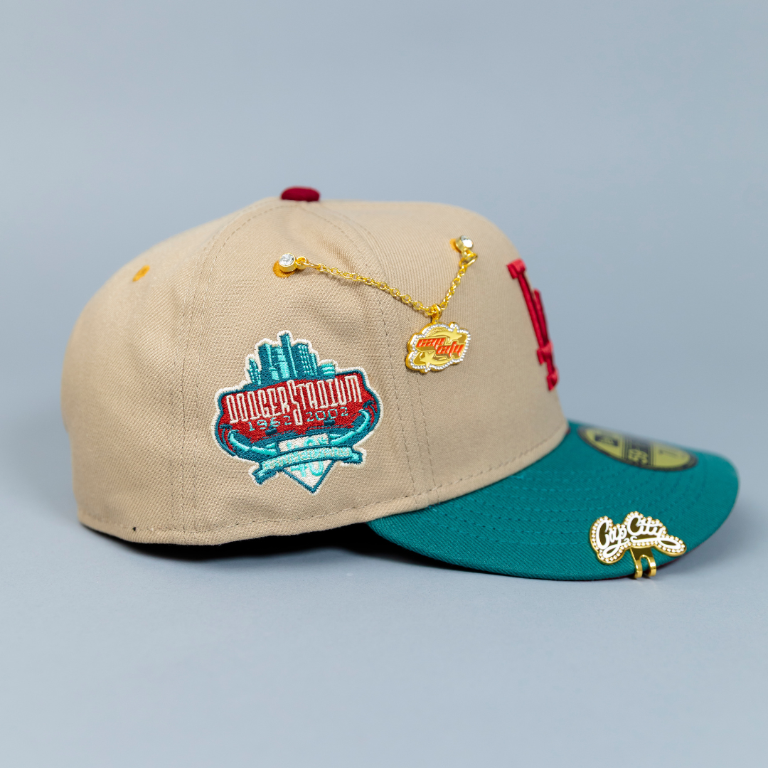 NEW ERA EXCLUSIVE 59FIFTY CAMEL BROWN/ PINE GREEN LOS ANGELES DODGERS W/ 40TH ANNIVERSARY SIDE PATCH