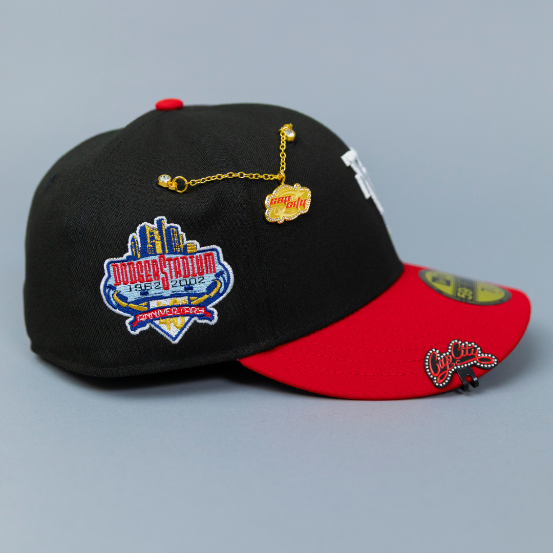 NEW ERA EXCLUSIVE 59FIFTY BLACK/ RED UPSIDE DOWN LOS ANGELES DODGERS W/ 40TH ANNIVERSARY SIDE PATCH