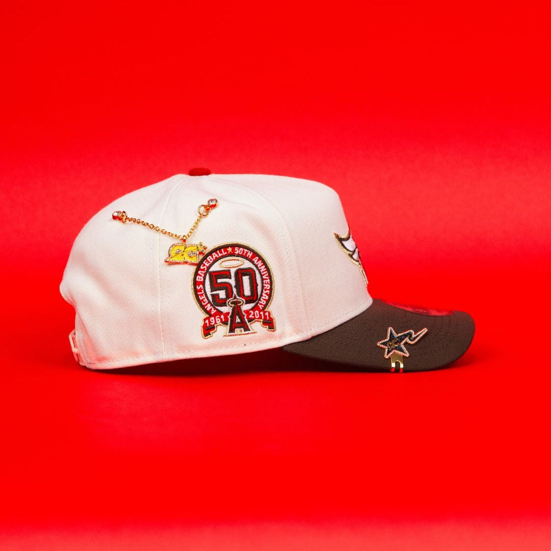 NEW ERA 9FIFTY A-FRAME CHROME/ BROWN ANAHEIM ANGELS SNAPBACK W/ 50TH ANNIVERSARY SIDE PATCH