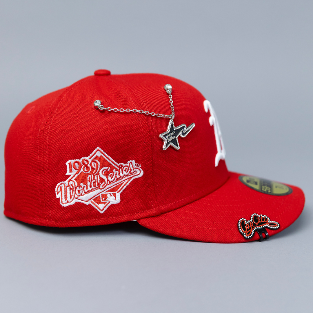 NEW ERA EXCLUSIVE 59FIFTY RED OAKLAND ATHLETICS W/ 1989 WORLD SERIES SIDE PATCH
