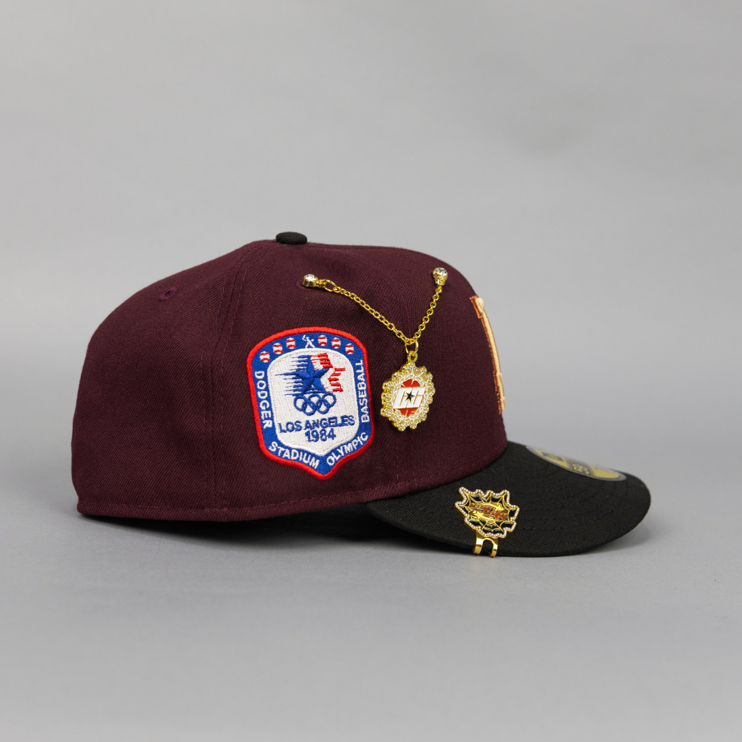 NEW ERA EXCLUSIVE 59FIFTY BURGUNDY/ BLACK LOS ANGELES DODGERS W/ 1984 OLYMPIC SIDE PATCH