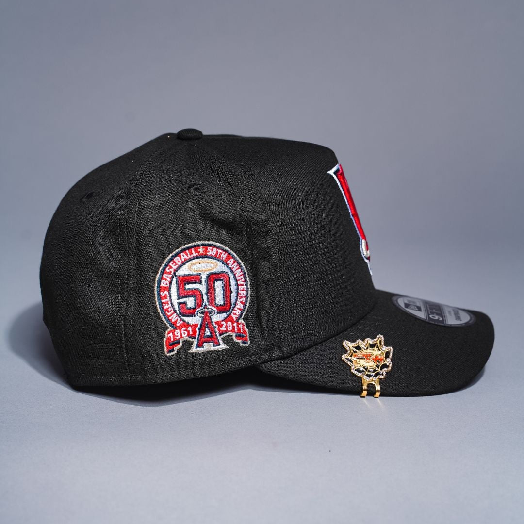 NEW ERA 9FIFTY A-FRAME BLACK UPSIDE DOWN ANAHEIM ANGELS SNAPBACK W/ 50TH ANNIVERSARY SIDE PATCH